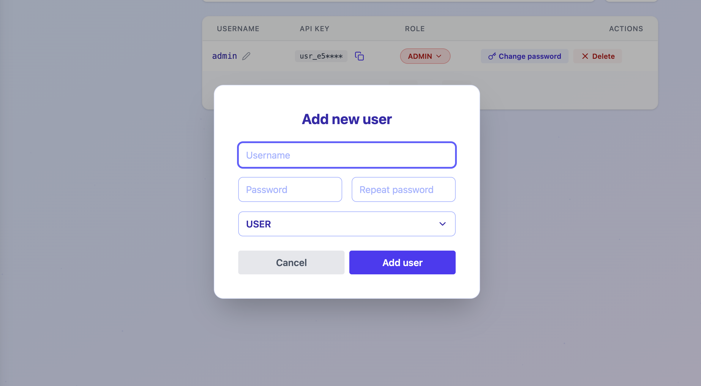 Add user dialog