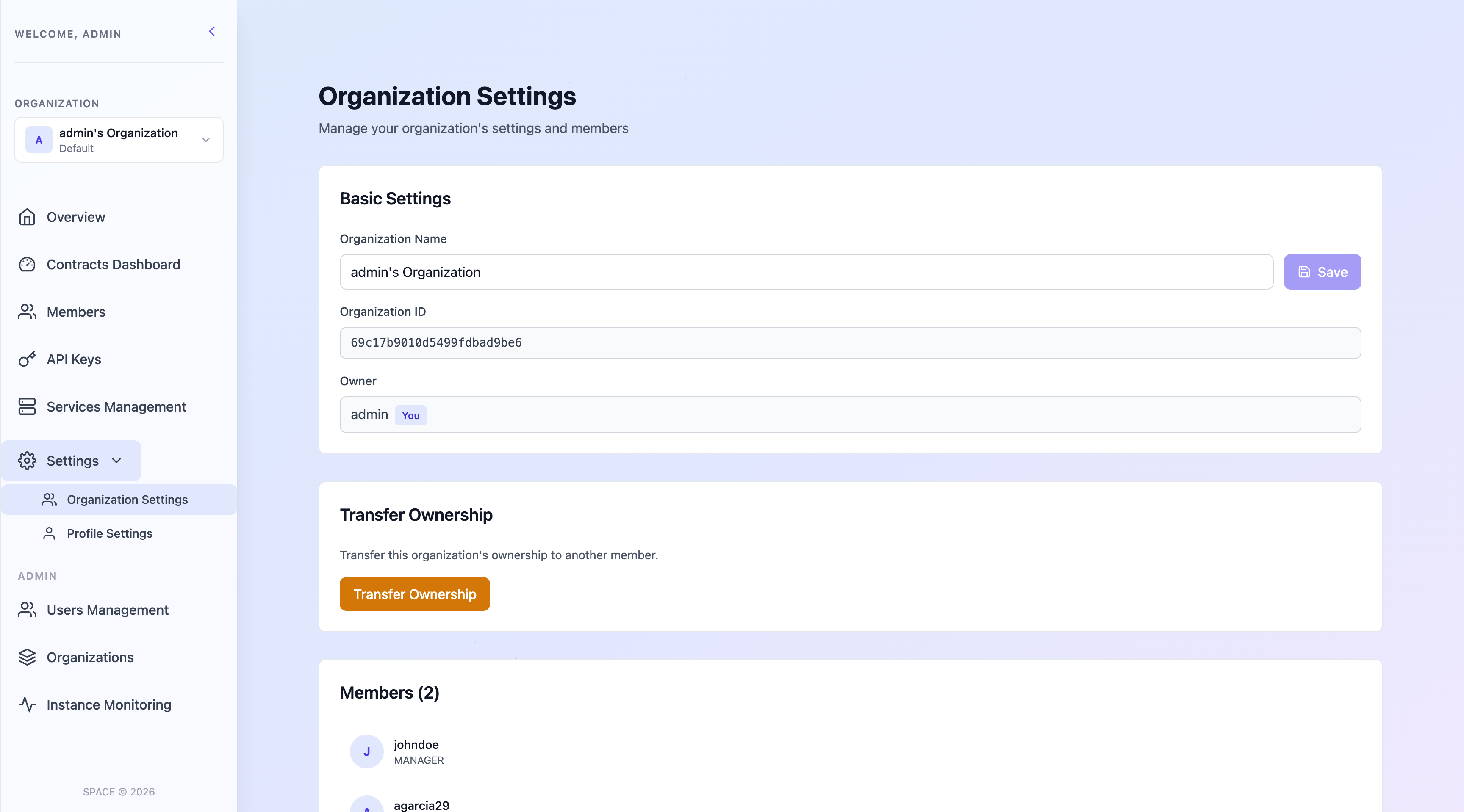 Organization Settings Screen